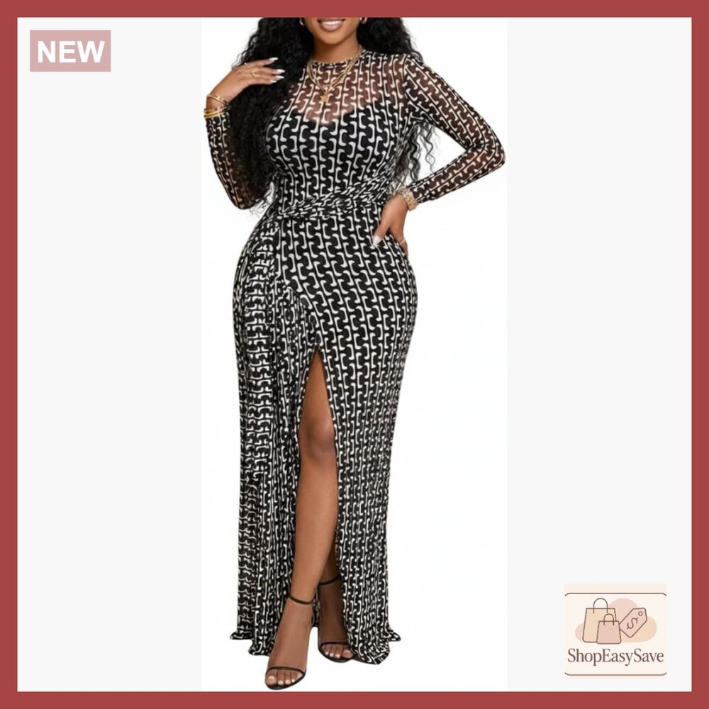 Sheer Mesh Maxi Dress Set Long Sleeve Elegant Party Wear Floral Y2K